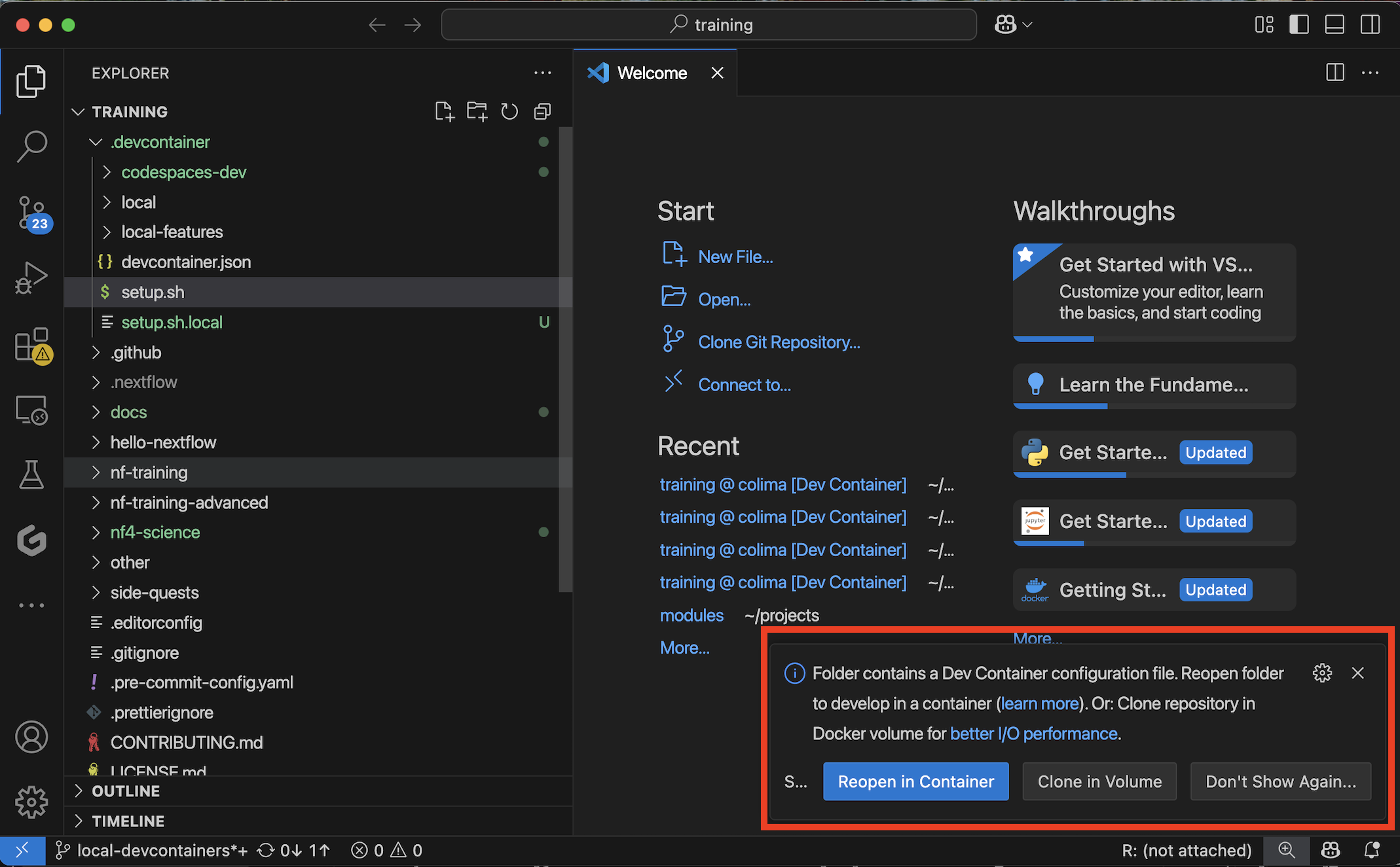 컨테이너에서 다시 열기 프롬프트